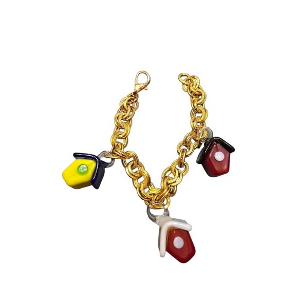 Vintage Unique Gold-Tone Glass Birdhouse Charm Bracelet (A8707) - Picture 1 of 4